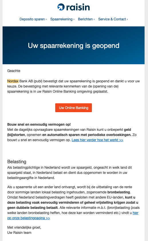 Email spaarrekening geopend Raisin